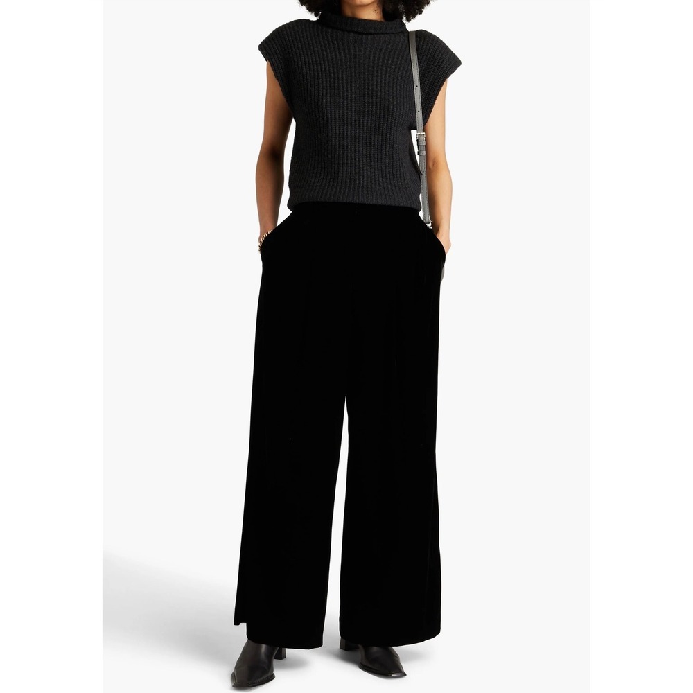 Theory Low Rise Pleated Velvet Pants Womens 12 Black New N1005209 Wide Leg Dress